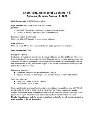 Chem 130L: Science of Cooking (NS) Syllabus, Summer Session 2, 2021