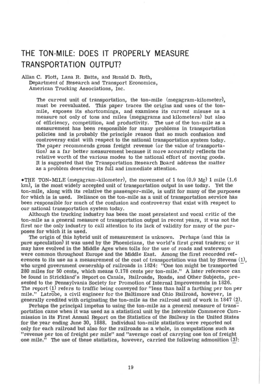 THE TON-MILE: DOES IT PROPERLY MEASURE TRANSPORTATION OUTPUT? Allan C