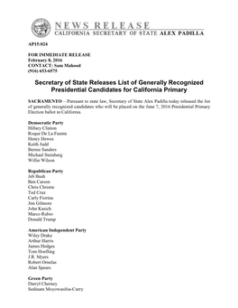 Secretary of State Releases List of Generally Recognized Presidential Candidates for California Primary