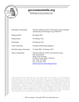 The Port Authority of New York and New Jersey Freedom of Information (FOI) Request Log, 2000-2012