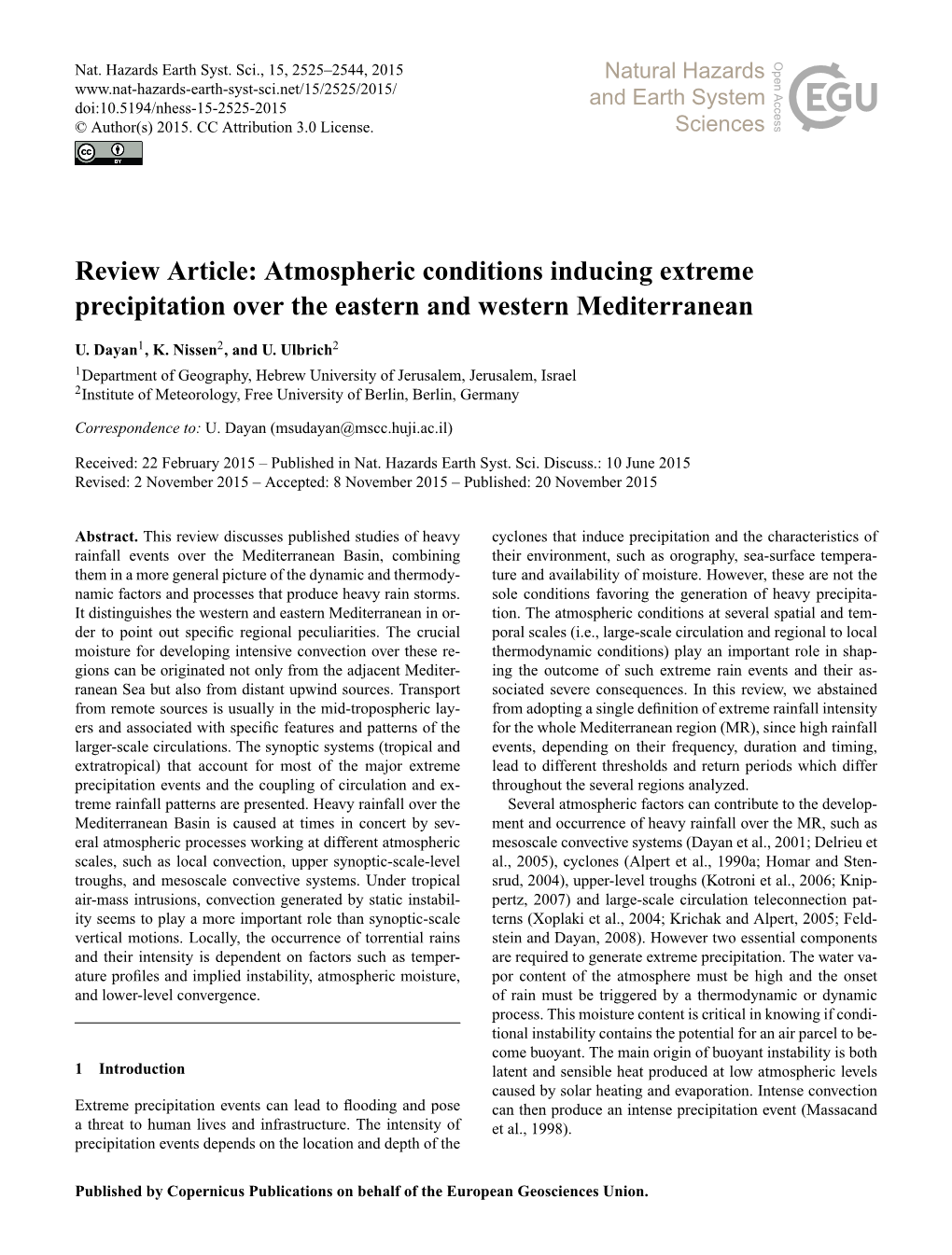 Review Article: Atmospheric Conditions Inducing Extreme Precipitation Over the Eastern and Western Mediterranean