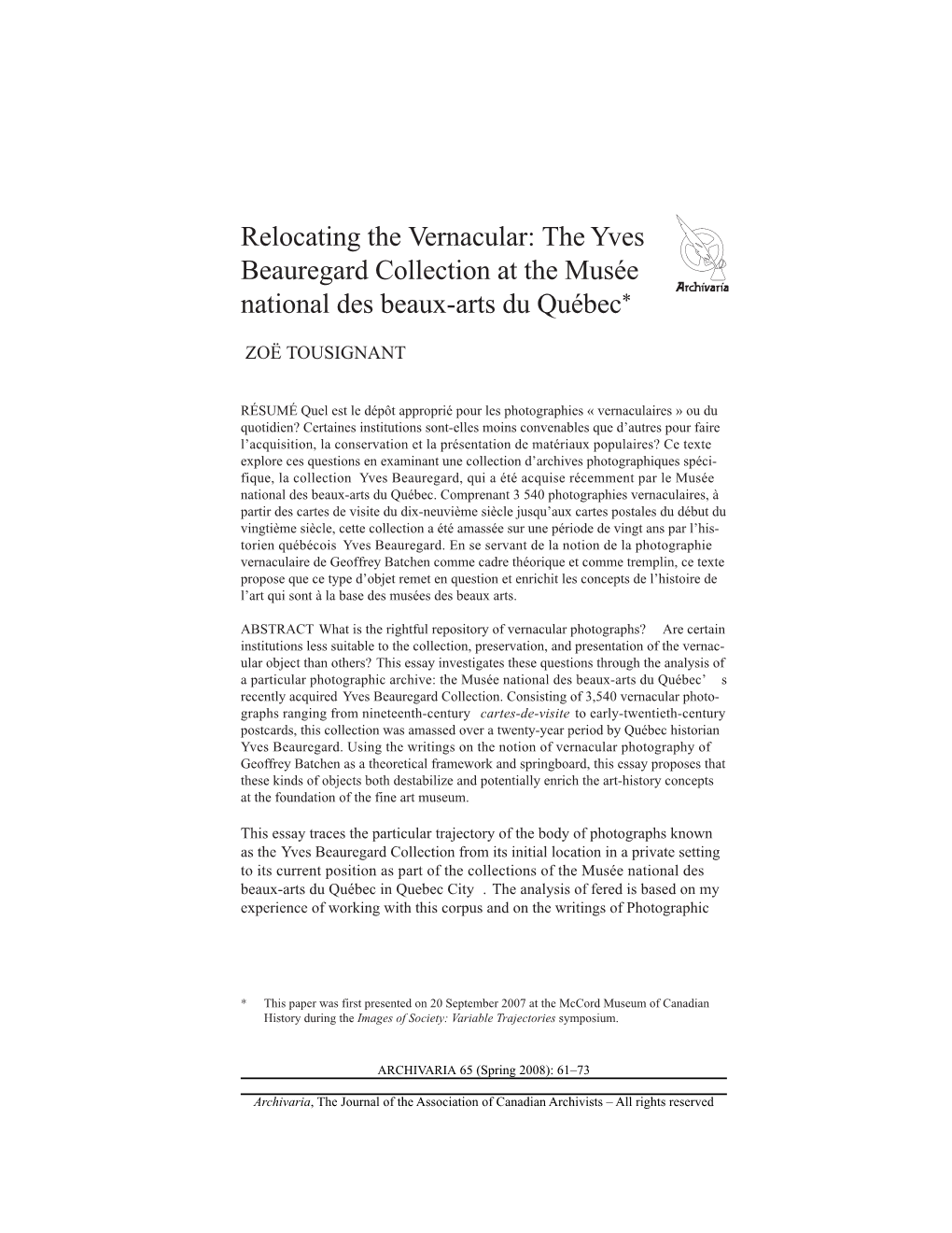 Relocating the Vernacular: the Yves Beauregard Collection at the Musée National Des Beaux-Arts Du Québec*