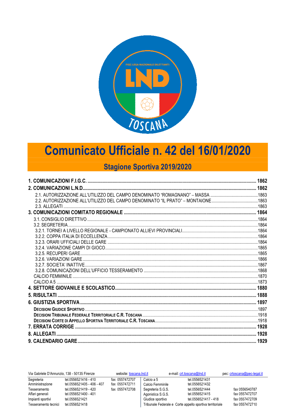 Comunicato Ufficiale N. 42 Del 16/01/2020