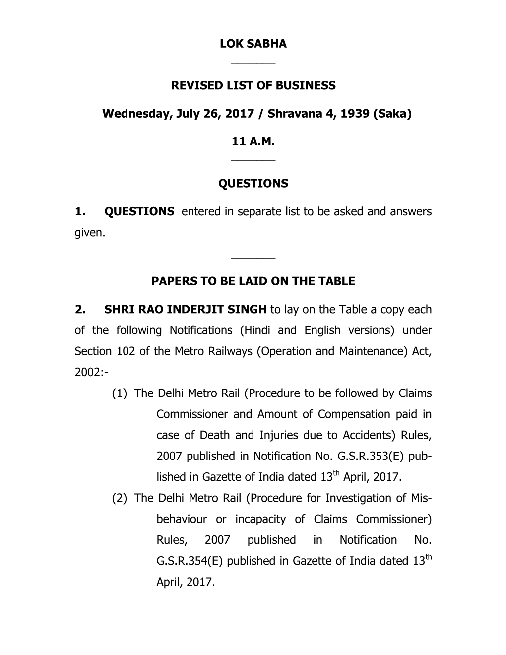 LOK SABHA ___REVISED LIST of BUSINESS Wednesday, July 26