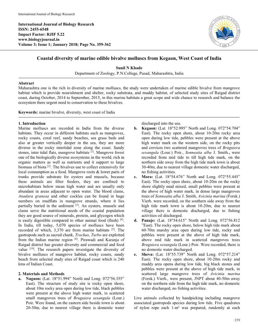 Coastal Diversity of Marine Edible Bivalve Molluscs from Kegaon, West Coast of India