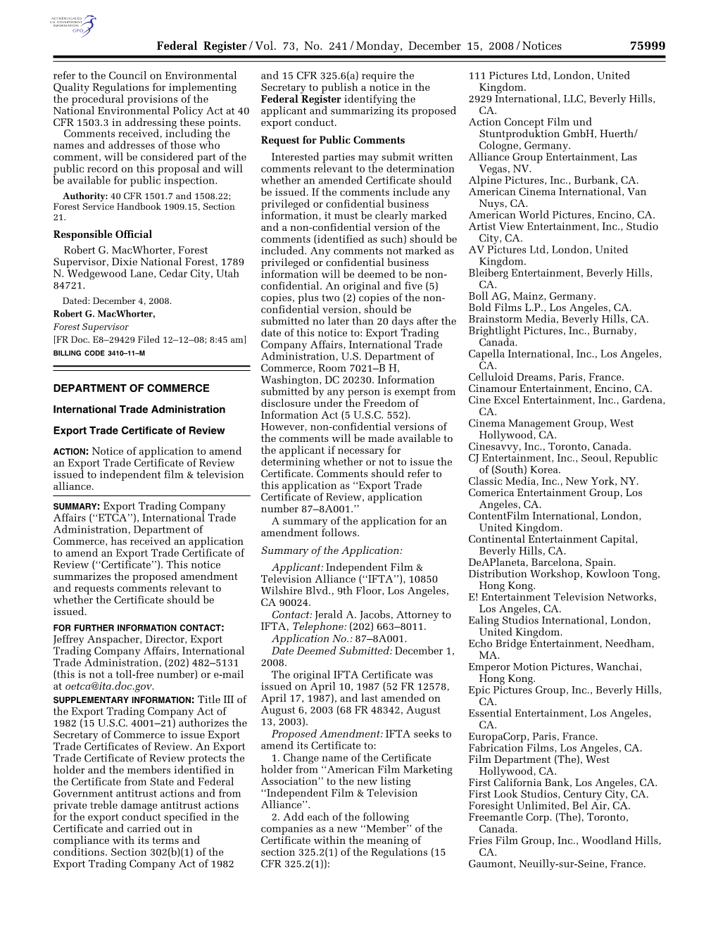 Federal Register/Vol. 73, No. 241/Monday, December 15, 2008