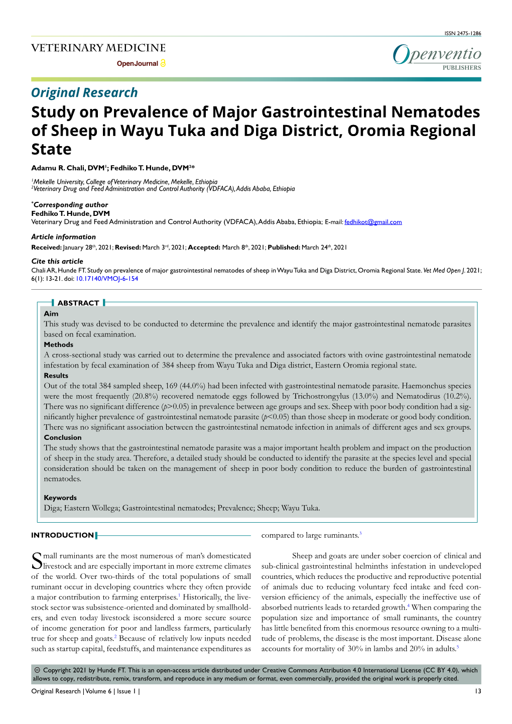 Study on Prevalence of Major Gastrointestinal Nematodes of Sheep in Wayu Tuka and Diga District, Oromia Regional State Adamu R