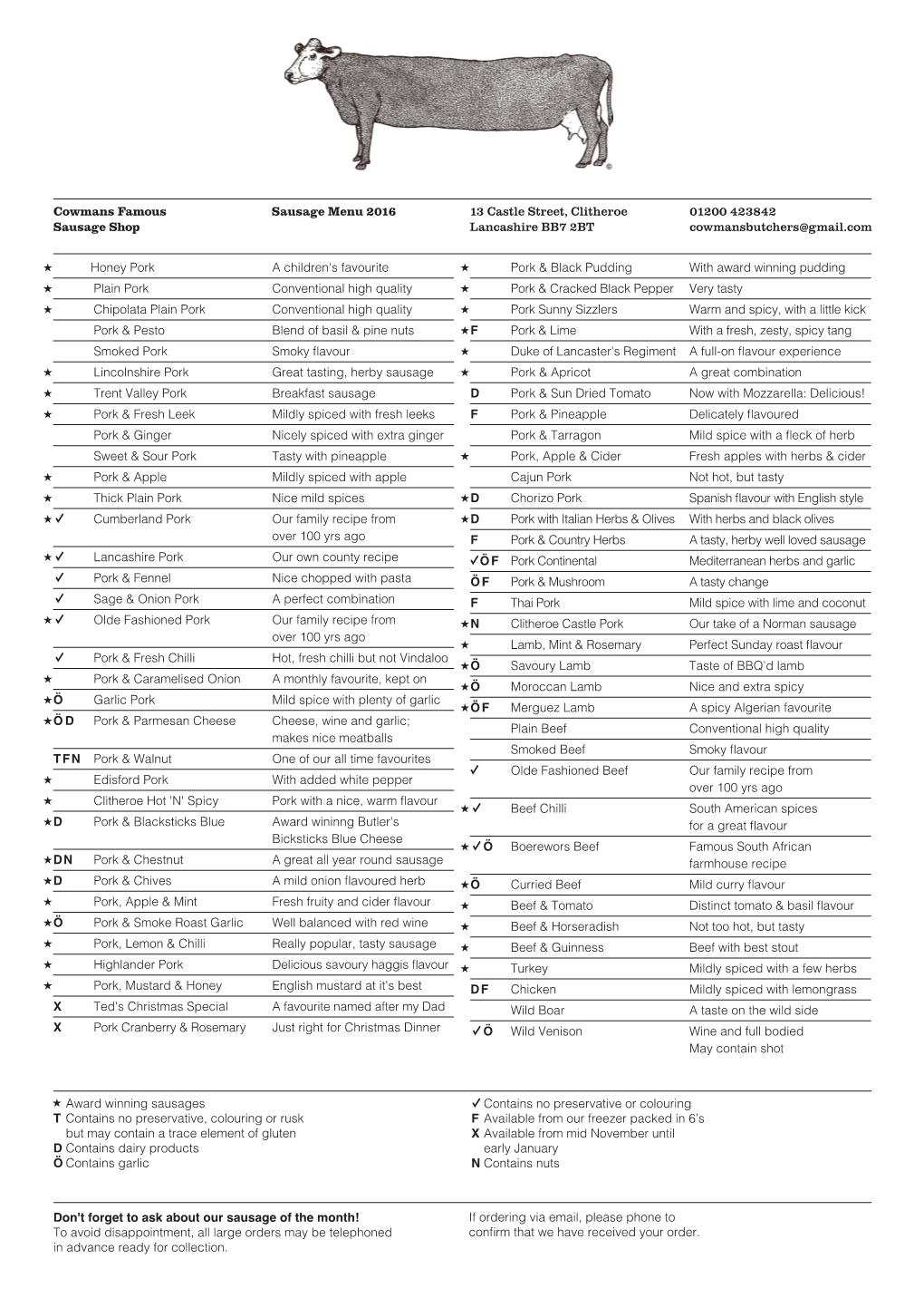 Cowmans Famous Sausage Menu 2016 13 Castle Street, Clitheroe 01200 423842 Sausage Shop Lancashire BB7 2BT Cowmansbutchers@Gmail.Com