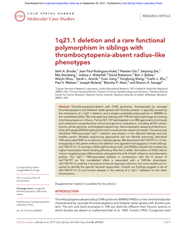 1Q21.1 Deletion and a Rare Functional Polymorphism in Siblings with Thrombocytopenia-Absent Radius–Like Phenotypes