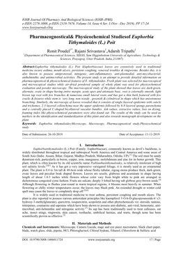 Pharmacognostical& Physicochemical Studiesof Euphorbia Tithymaloides