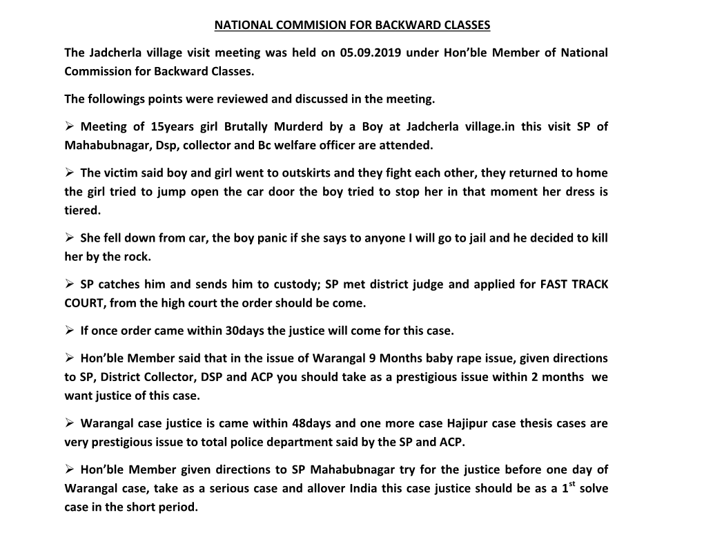 NATIONAL COMMISION for BACKWARD CLASSES the Jadcherla Village Visit Meeting Was Held on 05.09.2019 Under Hon'ble Member Of