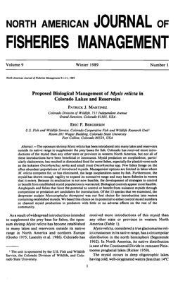 Proposed Bilogical Management of Mysis Relicta in Colorado Lakes And