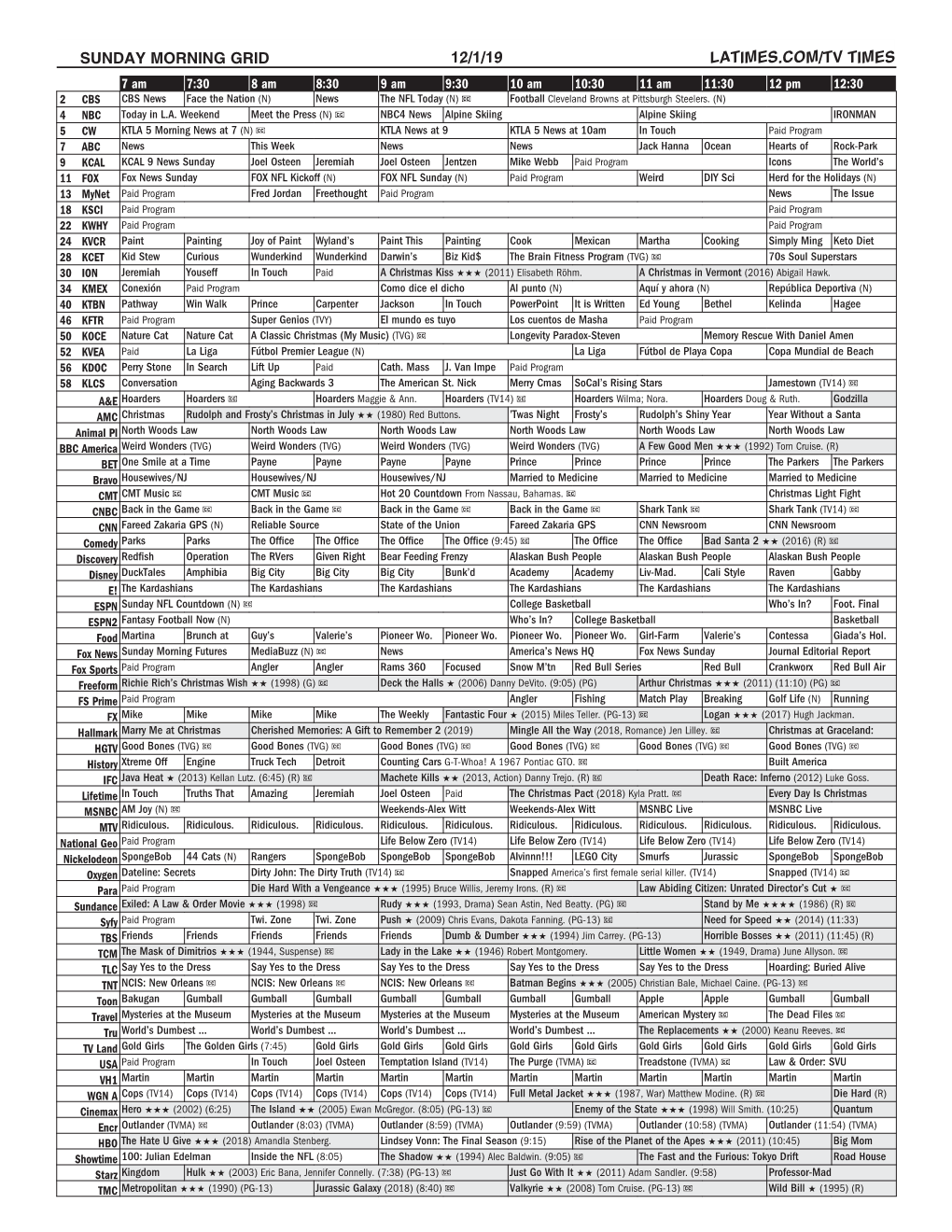 Sunday Morning Grid 12/1/19 Latimes.Com/Tv Times