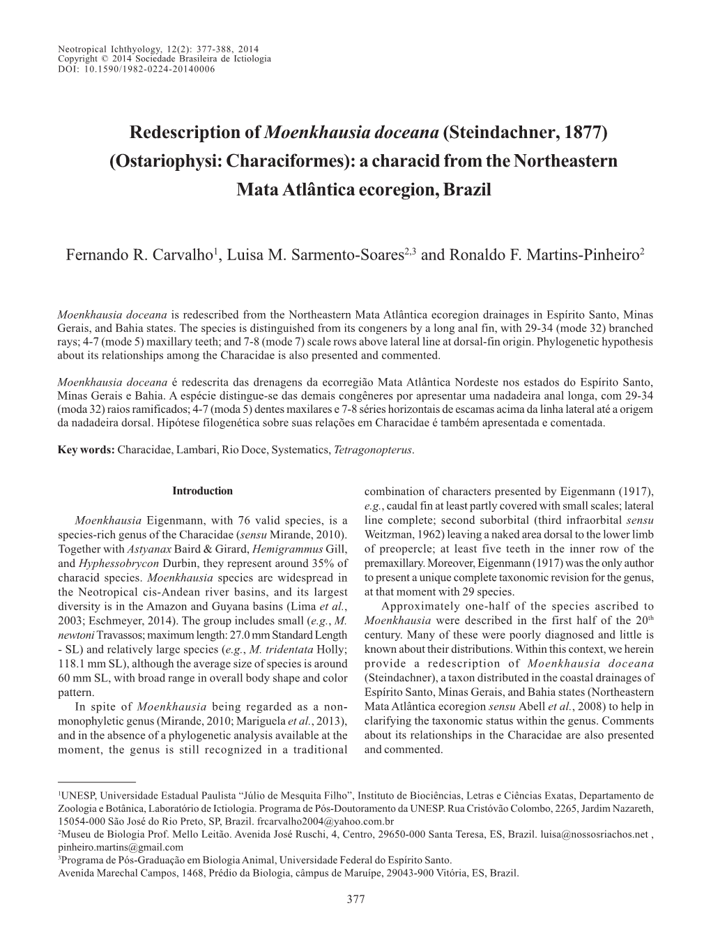 Redescription of Moenkhausia Doceana (Steindachner, 1877) (Ostariophysi: Characiformes): a Characid from the Northeastern Mata Atlântica Ecoregion, Brazil