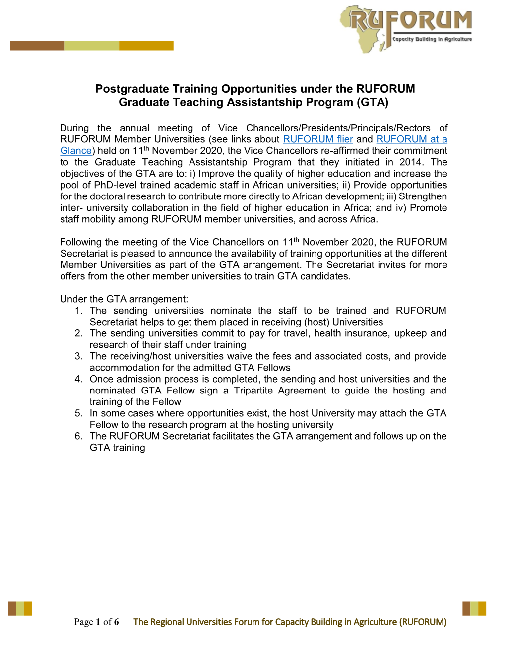 Postgraduate Training Opportunities Under the RUFORUM Graduate Teaching Assistantship Program (GTA)