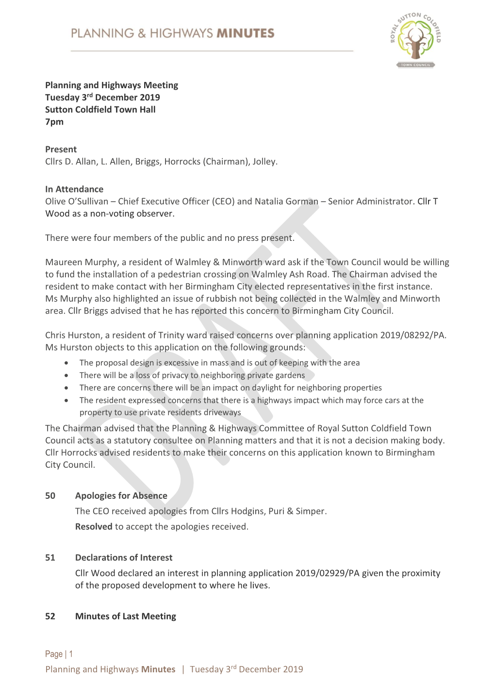 Planning and Highways Minutes | Tuesday 3Rd December 2019 Planning and Highways Meeting Tuesday 3Rd December 2019 Sutton Coldf