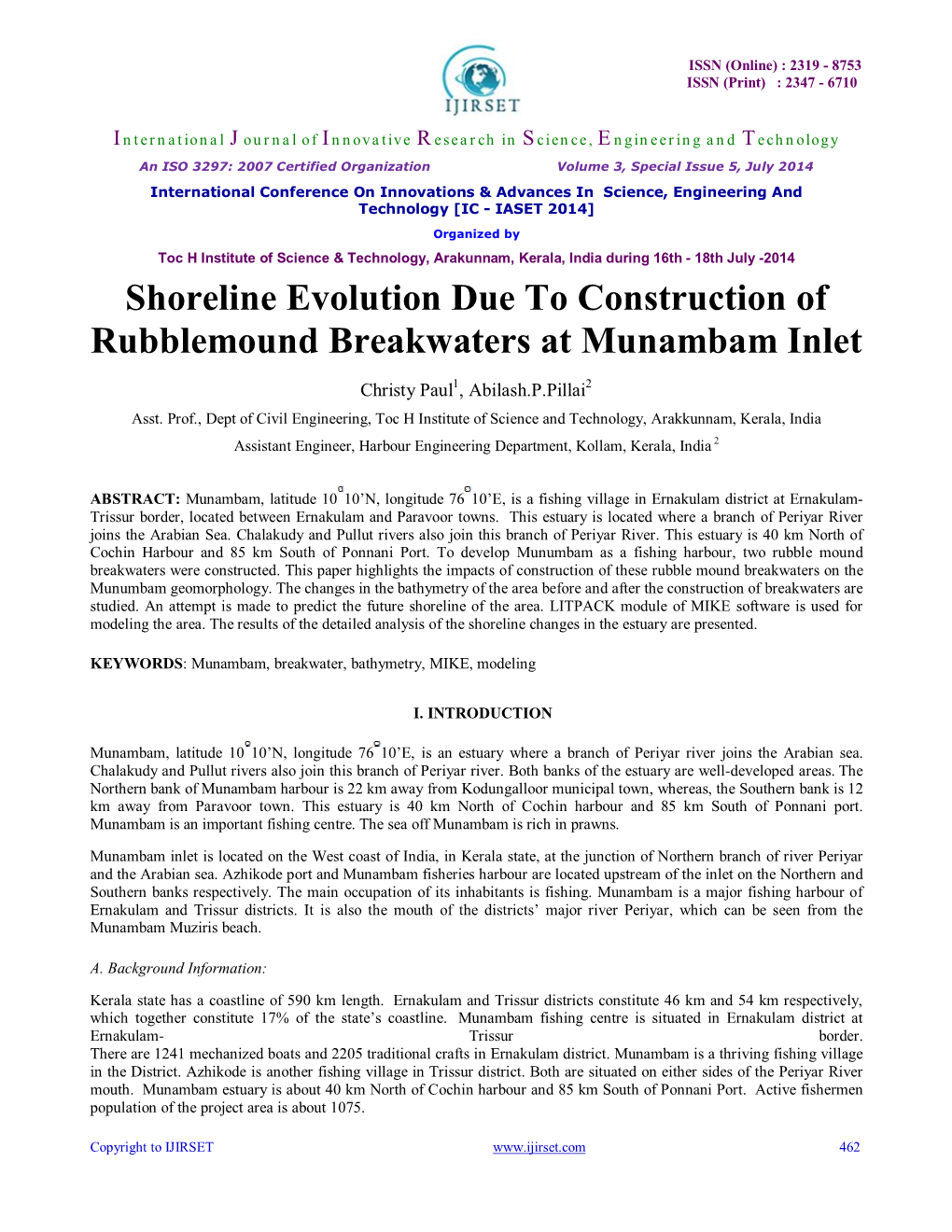 Shoreline Evolution Due to Construction of Rubblemound Breakwaters at Munambam Inlet