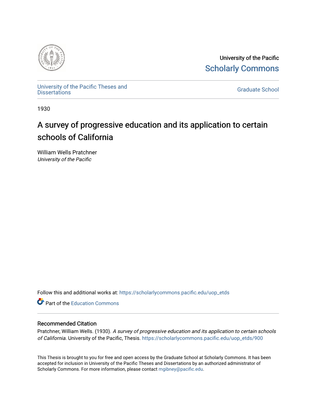 A Survey of Progressive Education and Its Application to Certain Schools of California