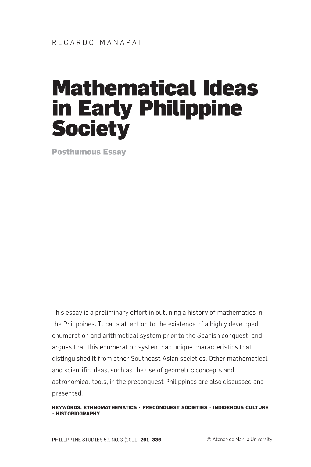 Mathematical Ideas in Early Philippine Society
