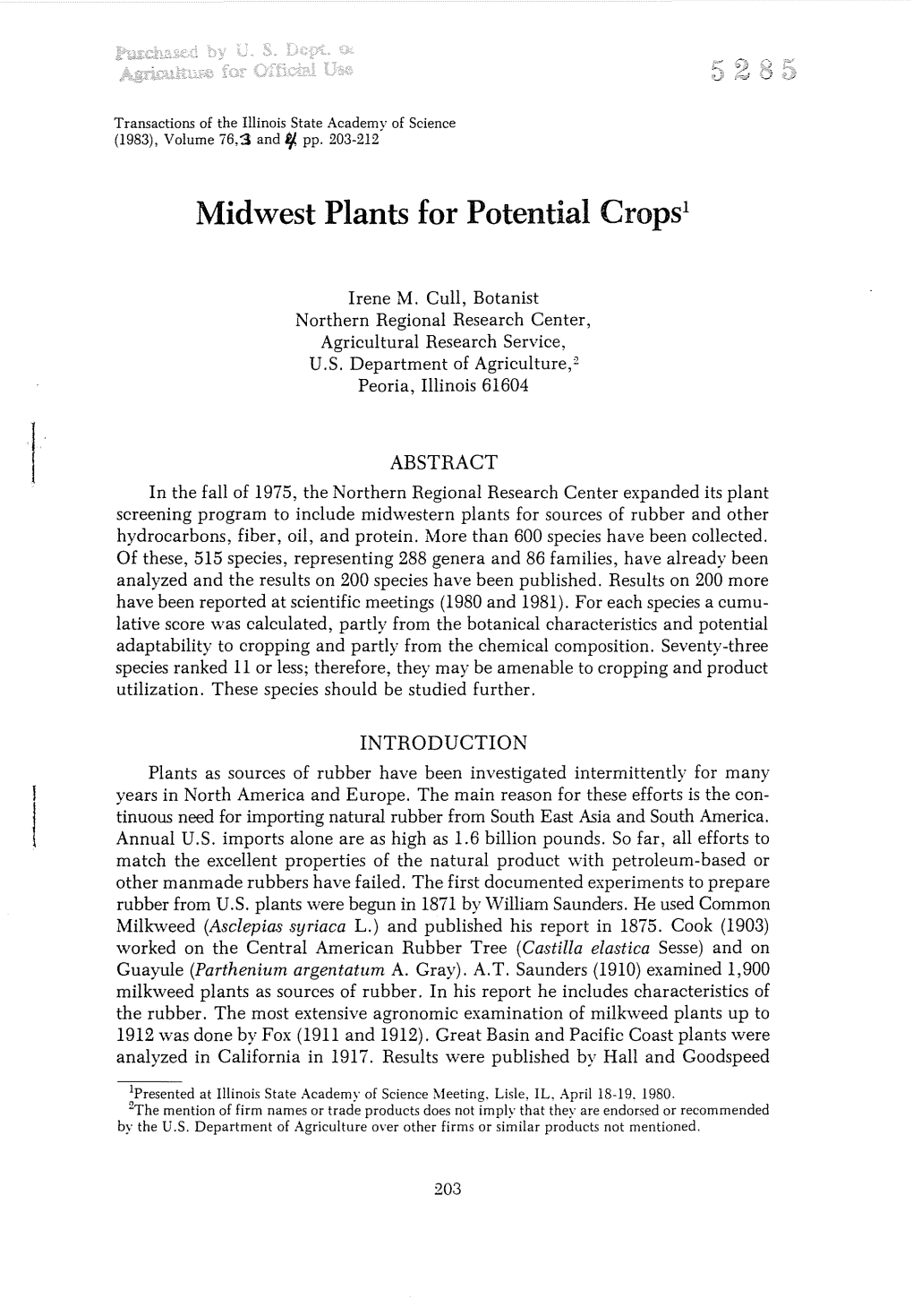 Midwest Plants for Potential Cropsl