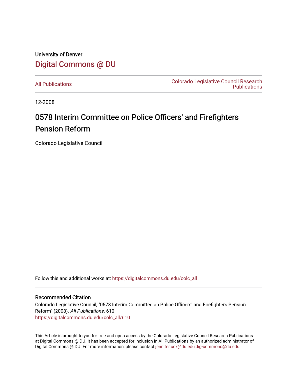 0578 Interim Committee on Police Officers' and Firefighters Pension Reform