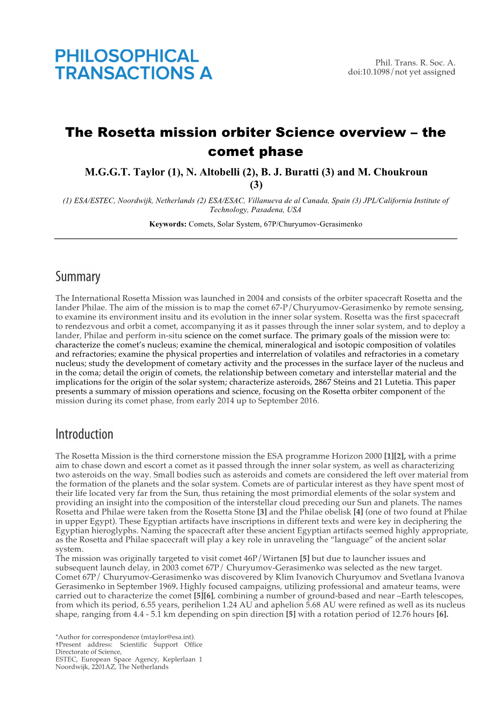 The Rosetta Mission Orbiter Science Overview – the Comet Phase M.G.G.T