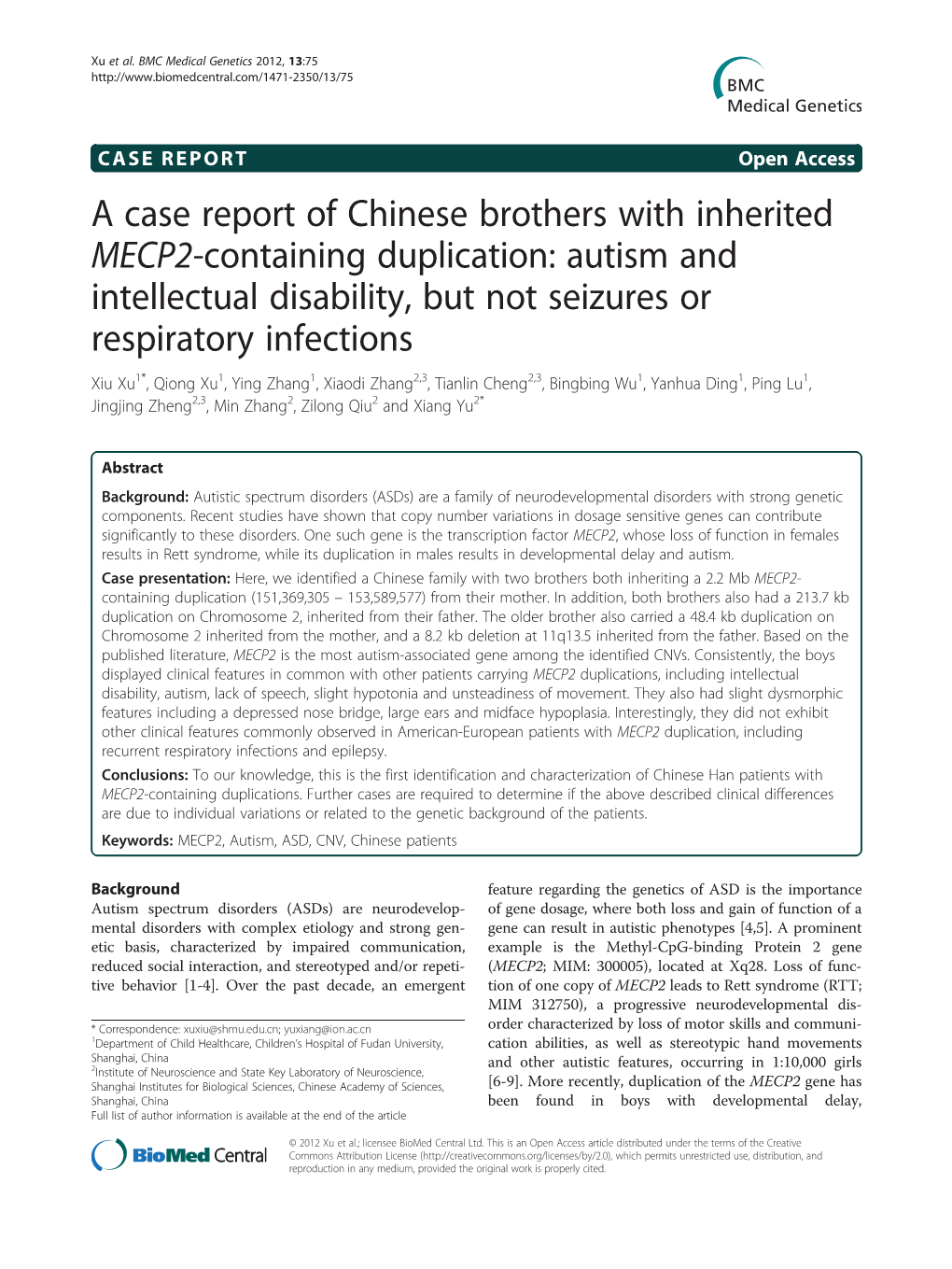 A Case Report of Chinese Brothers with Inherited MECP2-Containing Duplication: Autism and Intellectual Disability, but Not Seizu