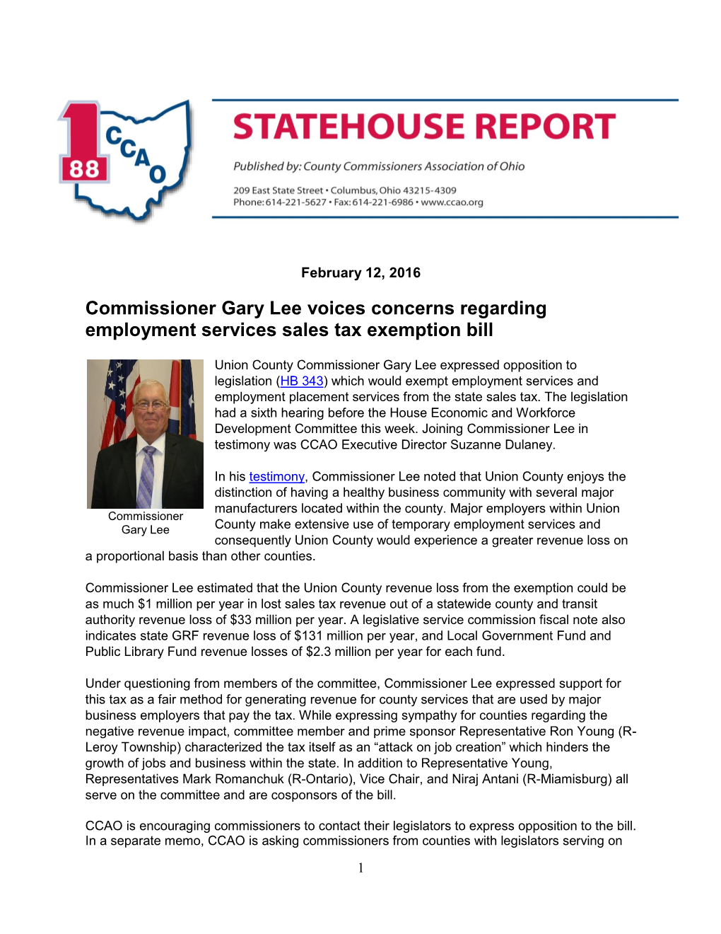 Commissioner Gary Lee Voices Concerns Regarding Employment Services Sales Tax Exemption Bill