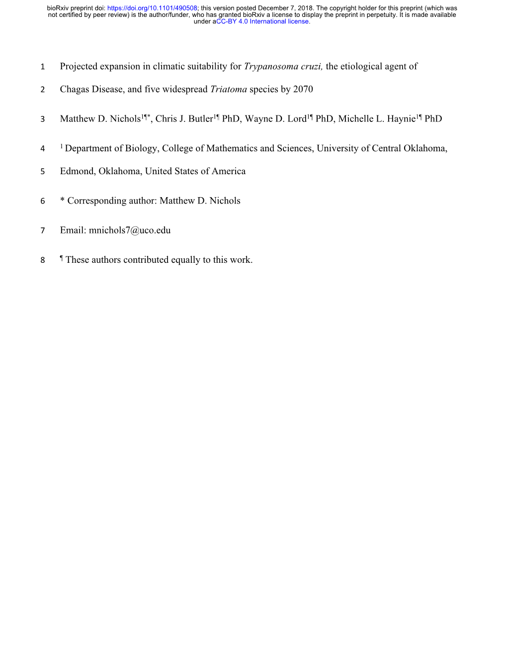 Projected Expansion in Climatic Suitability for Trypanosoma Cruzi, the Etiological Agent of Chagas Disease, and Five Widespread