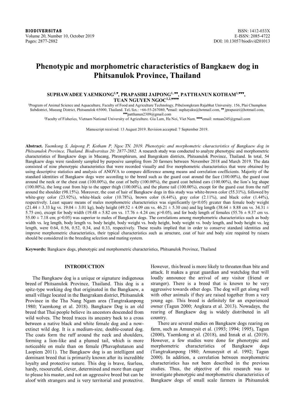 Phenotypic and Morphometric Characteristics of Bangkaew Dog in Phitsanulok Province, Thailand