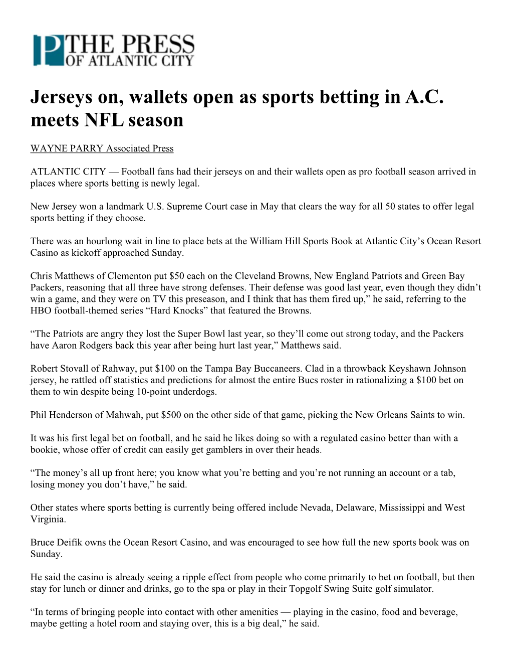Jerseys On, Wallets Open As Sports Betting in A.C. Meets NFL Season