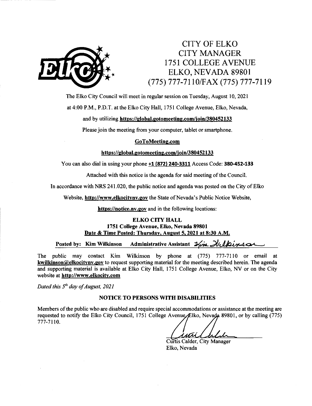 City of Elko City Manager 1751 College a Venue Elko, Nevada 89801 (775) 777-7110/Fax (775) 777-7119