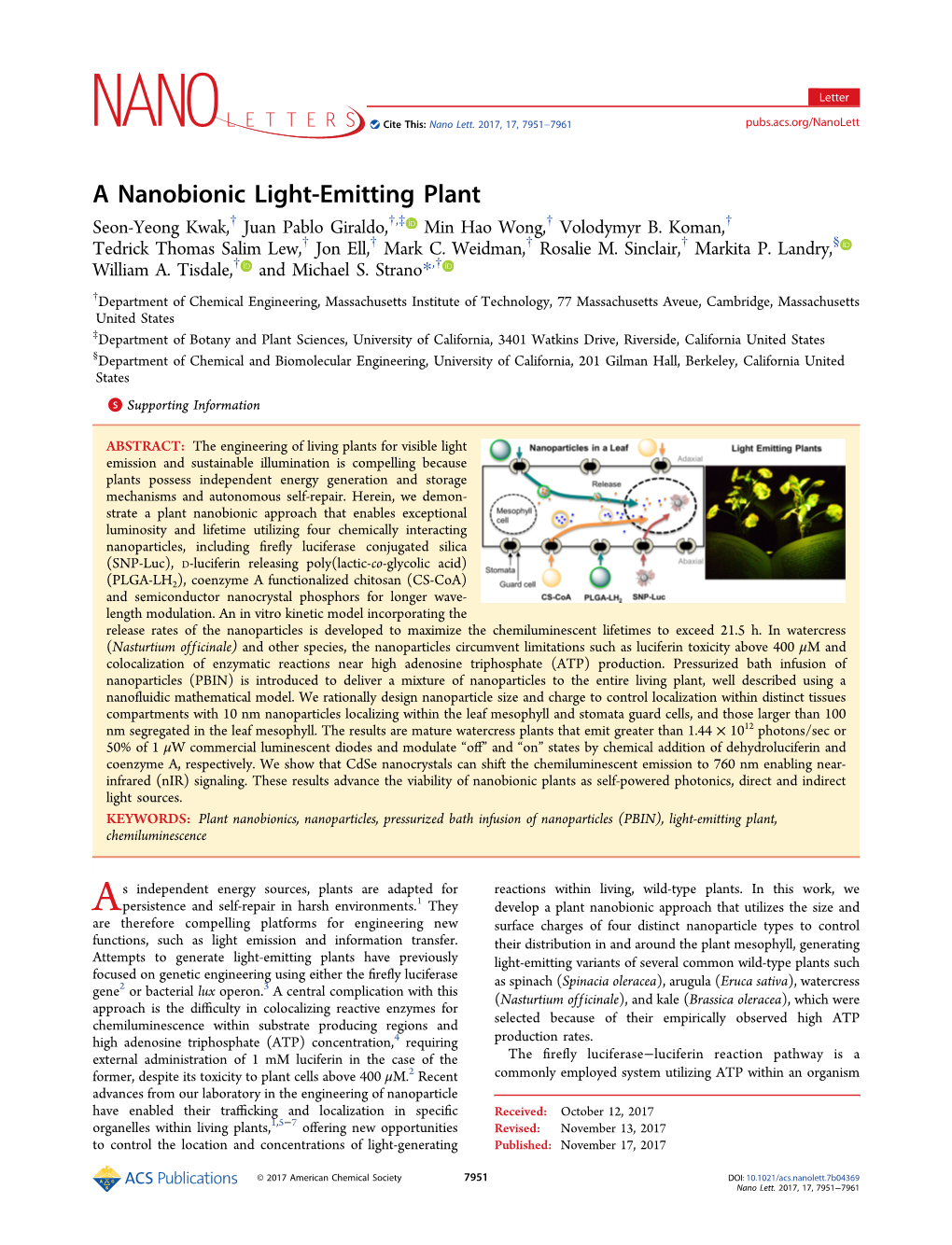 A Nanobionic Light-Emitting Plant † † ‡ † † Seon-Yeong Kwak, Juan Pablo Giraldo, , Min Hao Wong, Volodymyr B