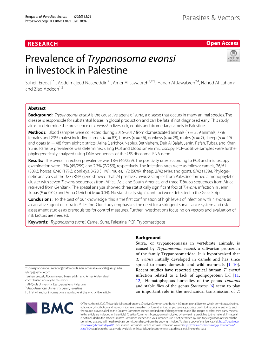 Prevalence of Trypanosoma Evansi in Livestock in Palestine