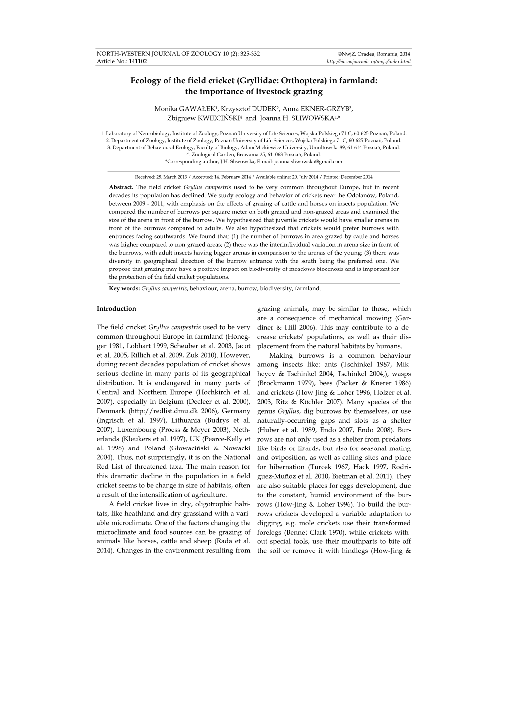 Ecology of the Field Cricket (Gryllidae: Orthoptera) in Farmland: the Importance of Livestock Grazing