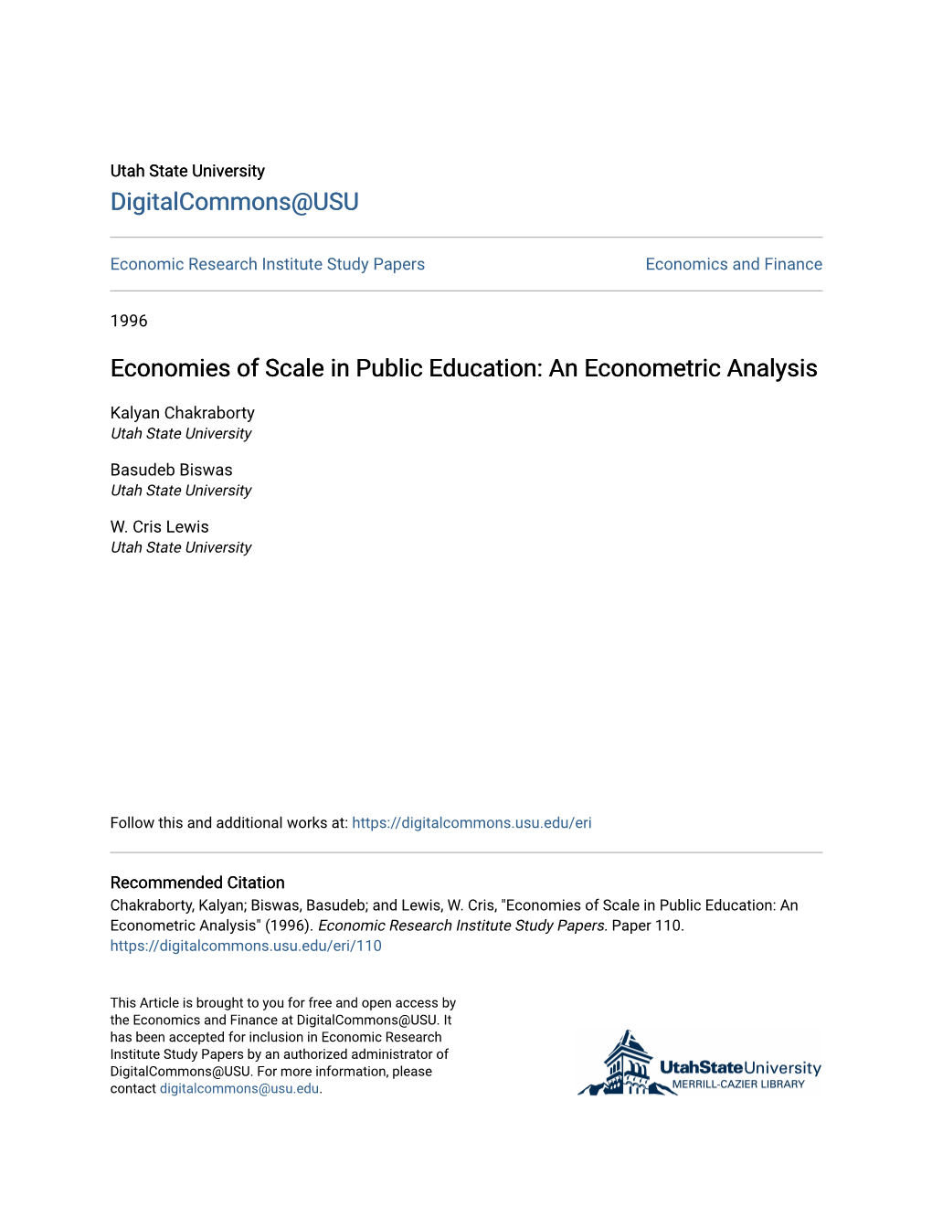 Economies of Scale in Public Education: an Econometric Analysis