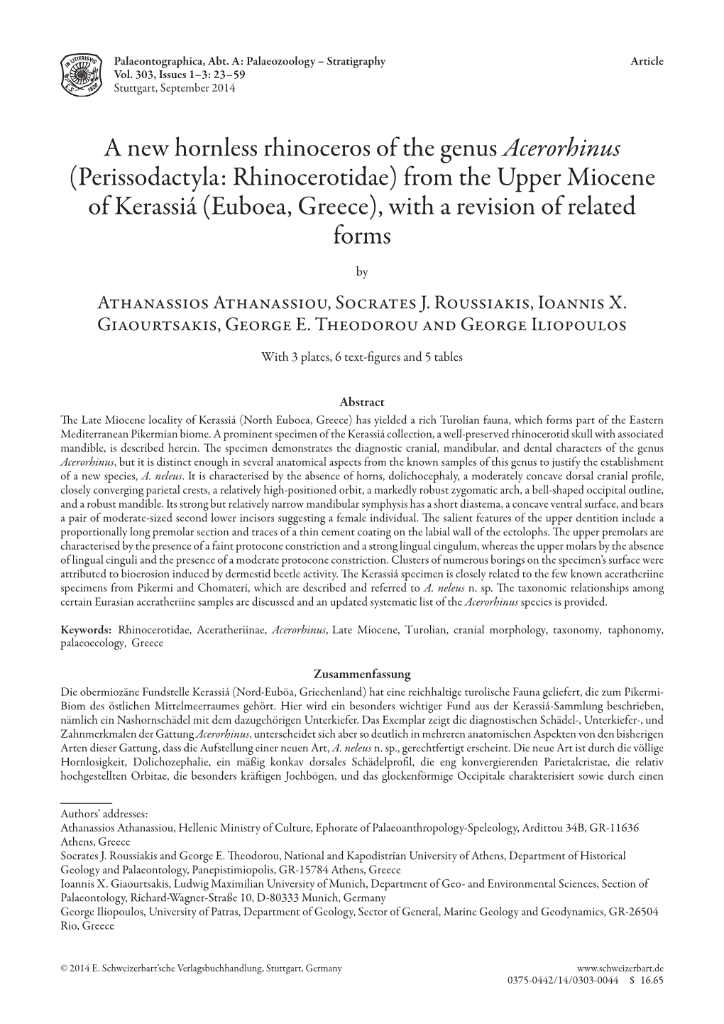 Perissodactyla: Rhinocerotidae) from the Upper Miocene of Kerassiá (Euboea, Greece), with a Revision of Related Forms