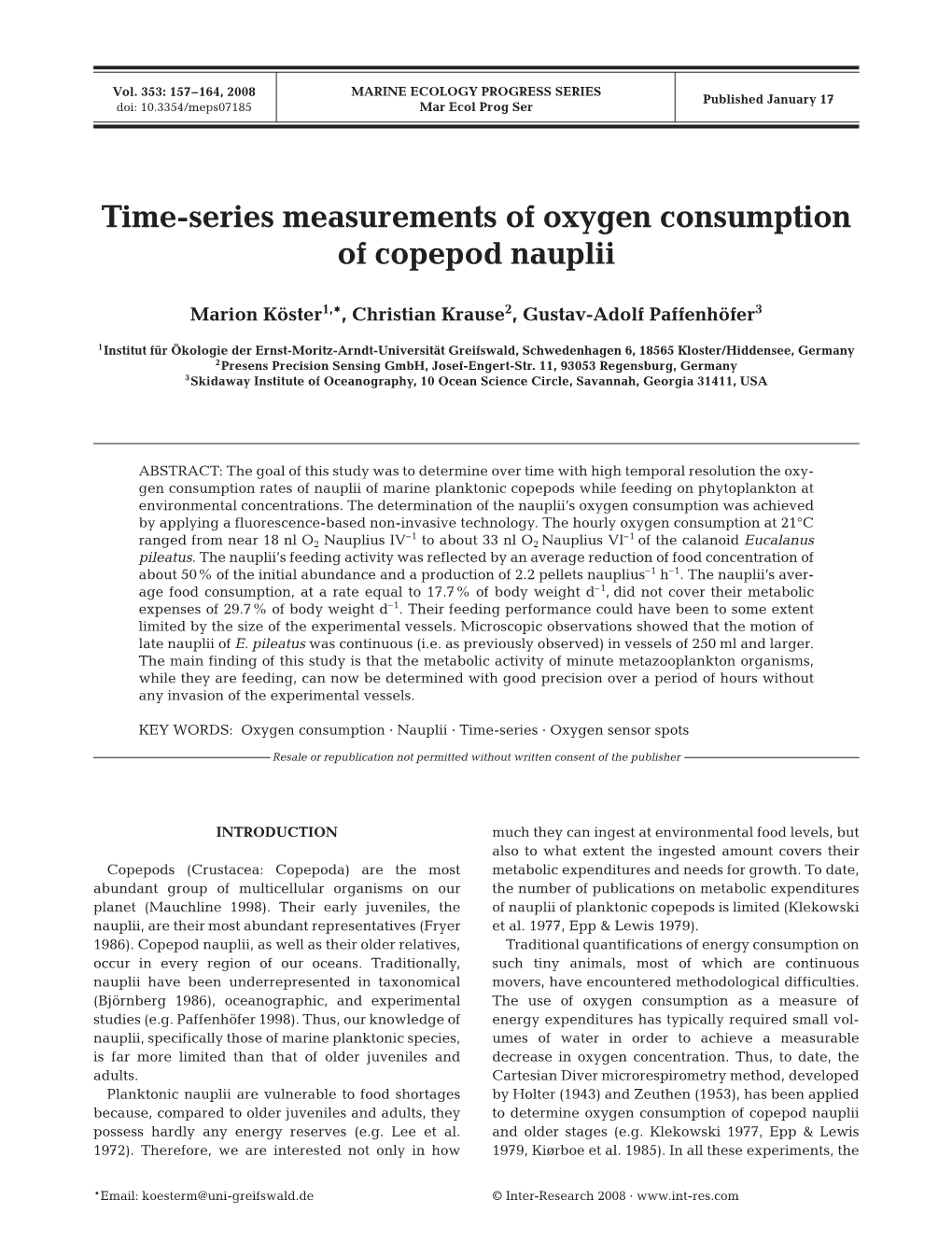 Time-Series Measurements of Oxygen Consumption of Copepod Nauplii