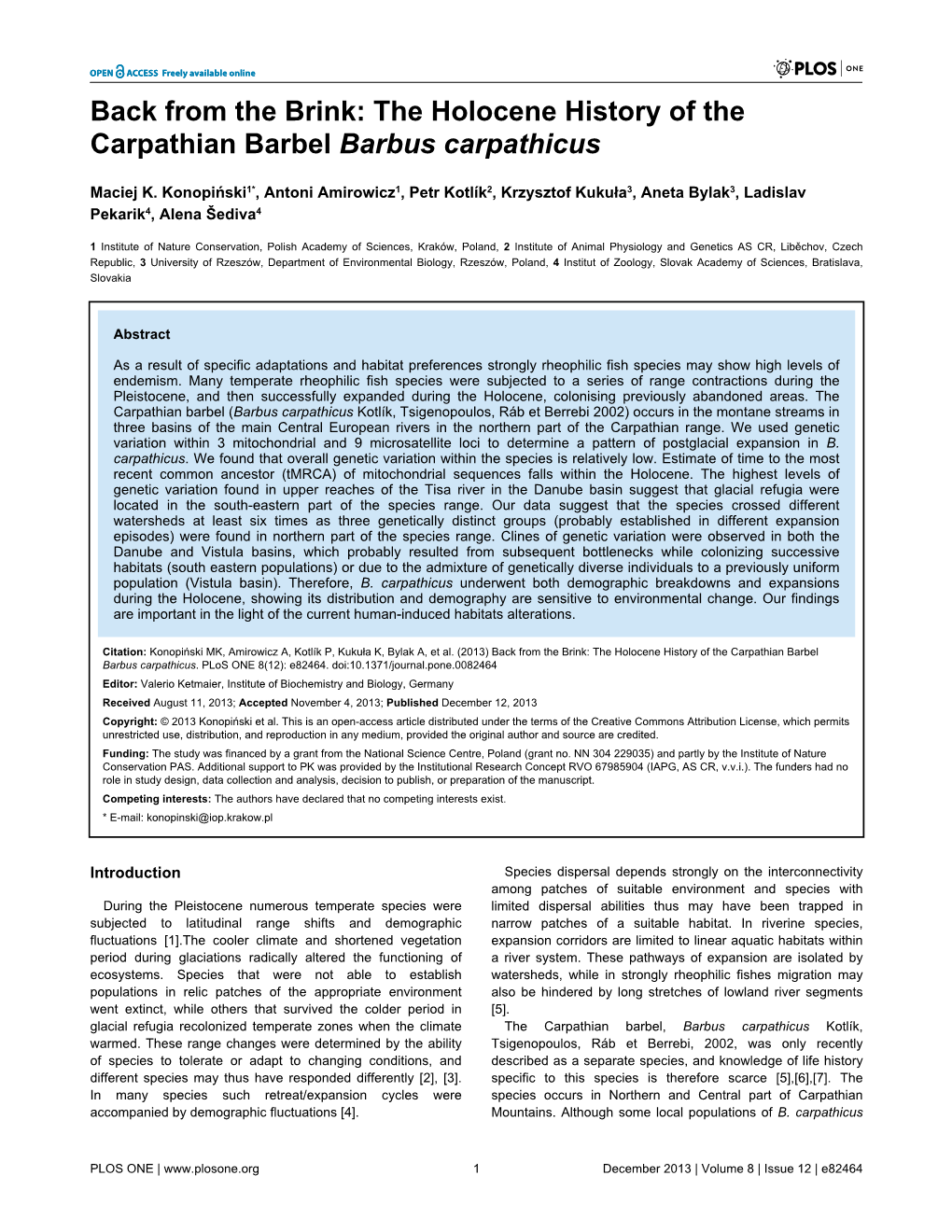 The Holocene History of the Carpathian Barbel Barbus Carpathicus