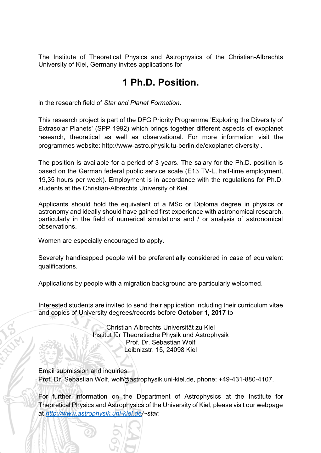 1 Ph.D. Position. in the Research Field of Star and Planet Formation