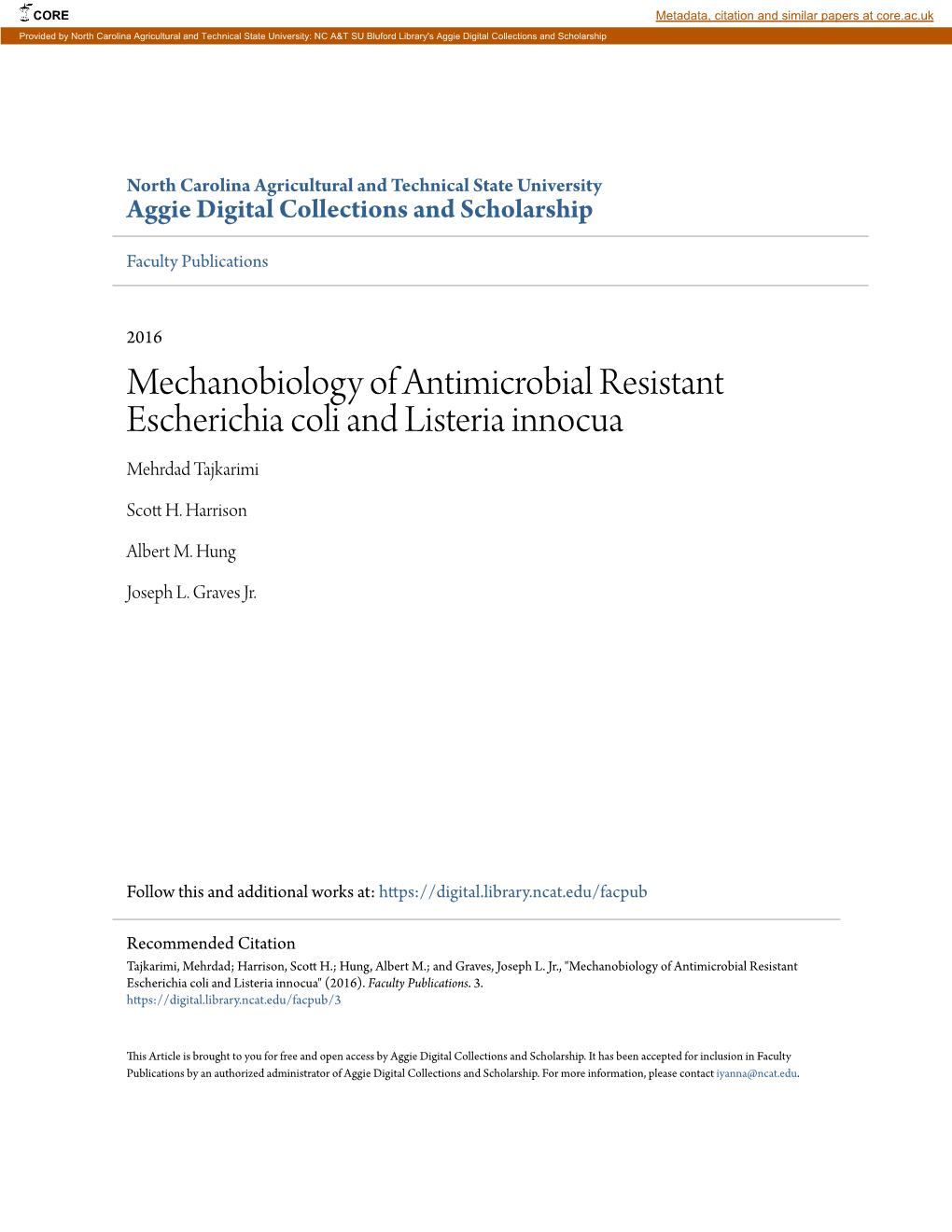 Mechanobiology of Antimicrobial Resistant Escherichia Coli and Listeria Innocua Mehrdad Tajkarimi