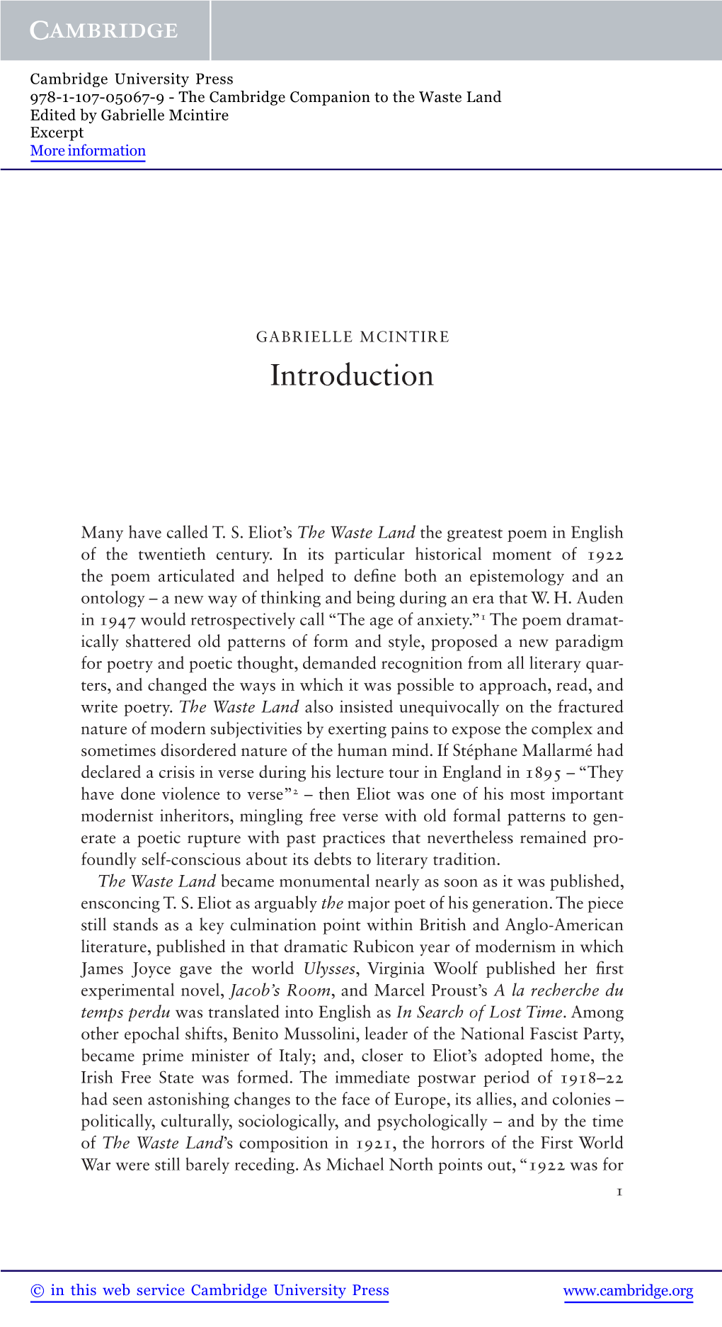 The Waste Land Edited by Gabrielle Mcintire Excerpt More Information