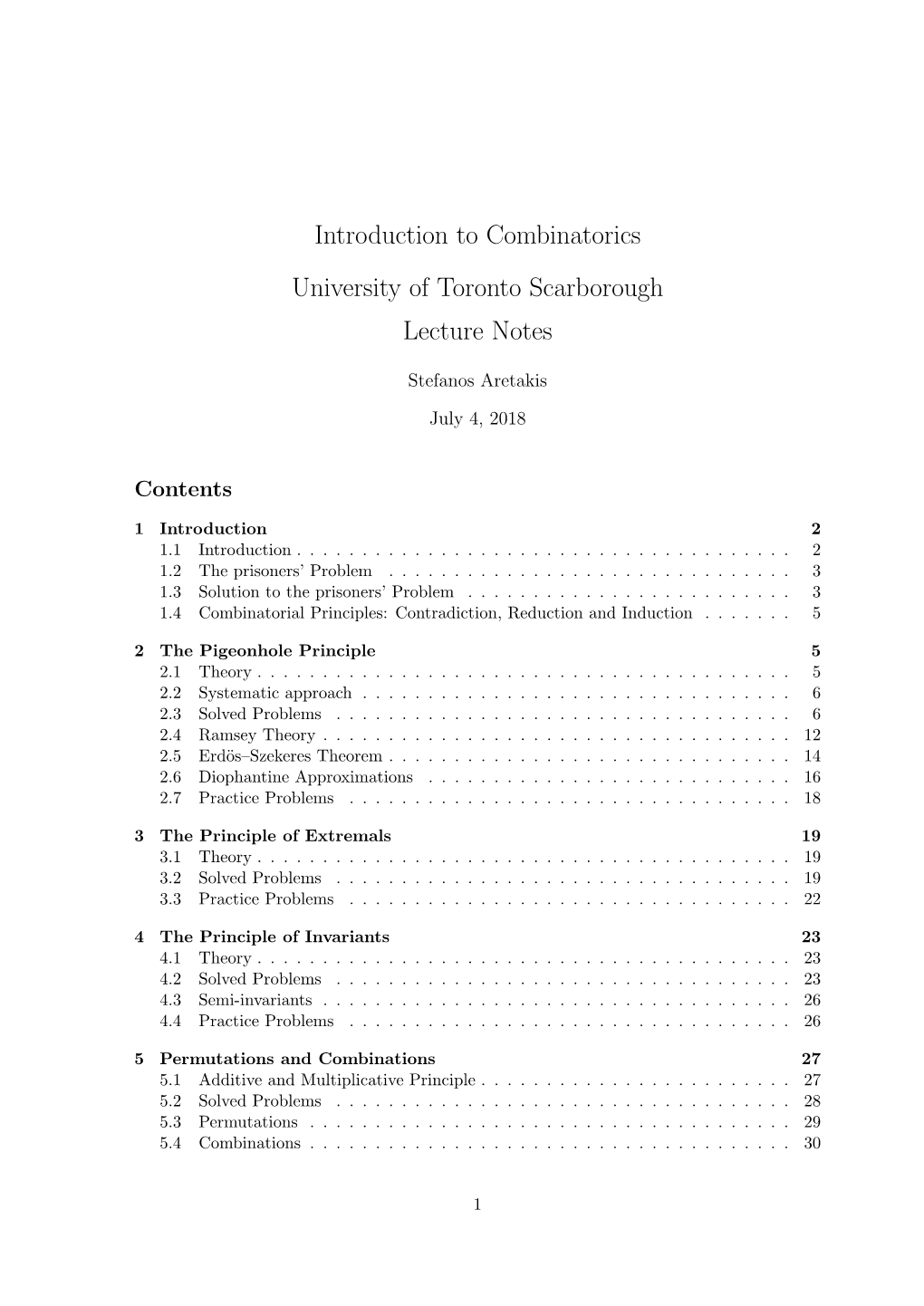 Introduction to Combinatorics University of Toronto Scarborough Lecture Notes