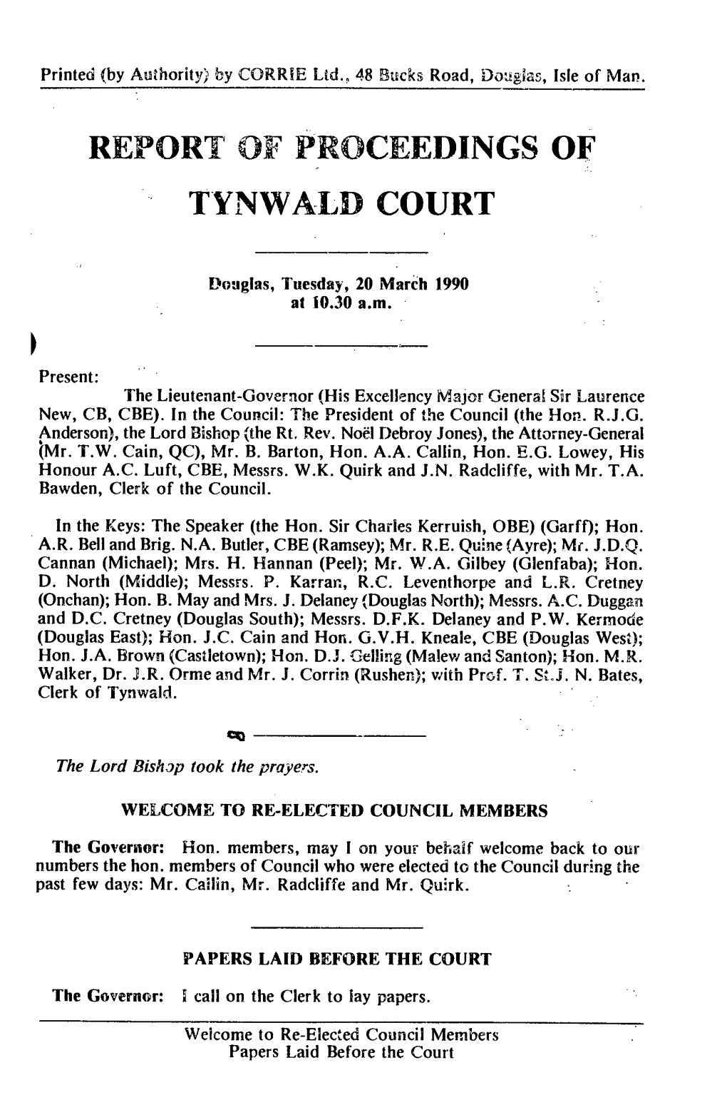 20 Mar 1990 Tynwald Hansard Bucks Road, Douglas, Isle of Man