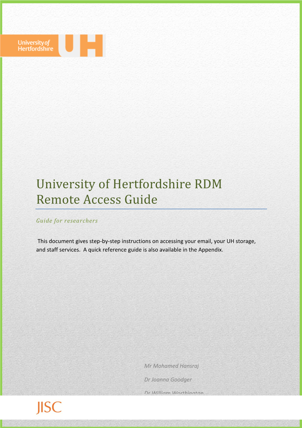 University of Hertfordshire RDM Remote Access Guide