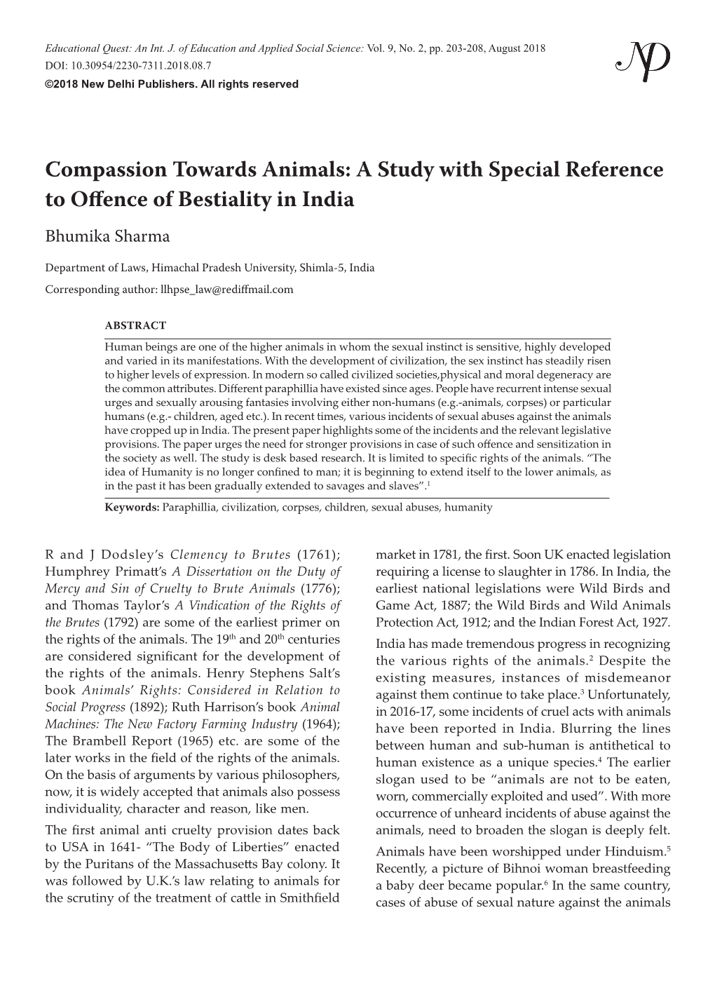 Compassion Towards Animals: a Study with Special Reference to Offence of Bestiality in India Bhumika Sharma