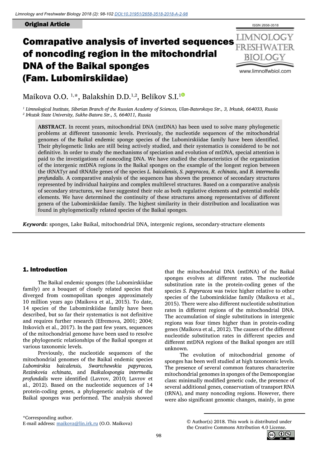 Comrapative Analysis of Inverted Sequences of Noncoding Region in the Mitochondrial DNA of the Baikal Sponges (Fam