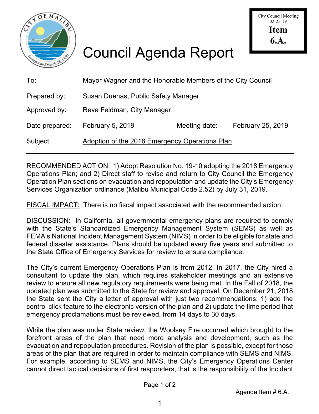 Council Agenda Report