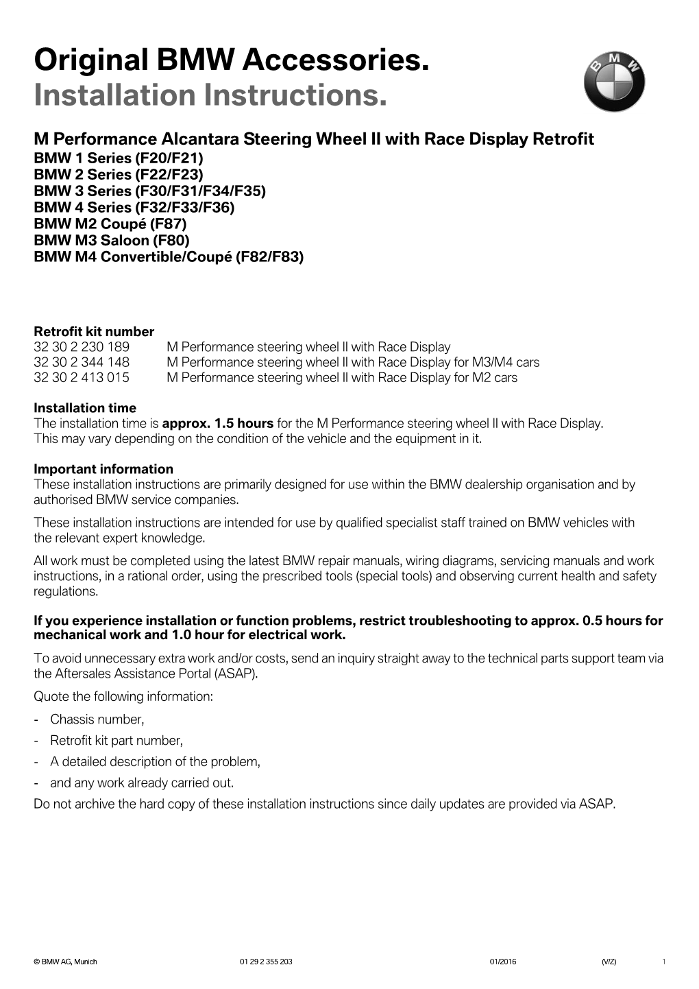 Original BMW Accessories. Installation Instructions