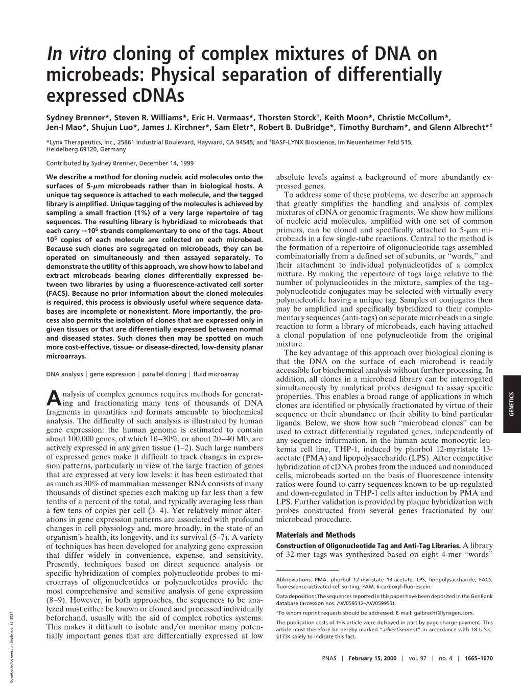 In Vitro Cloning of Complex Mixtures of DNA on Microbeads: Physical Separation of Differentially Expressed Cdnas